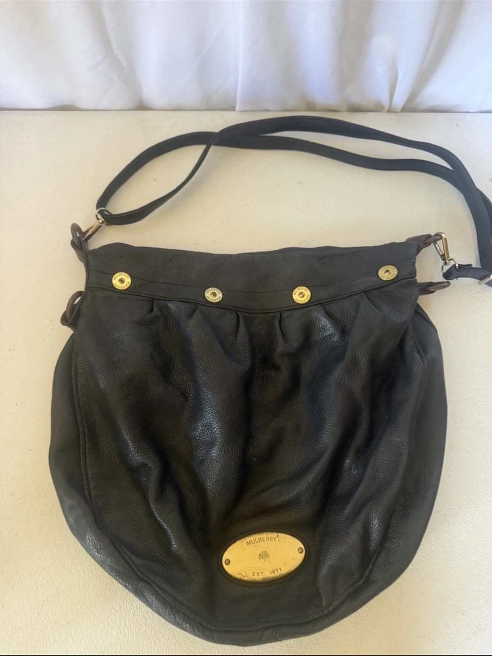Mulberry Black Leather Crossbody with Gold Accents